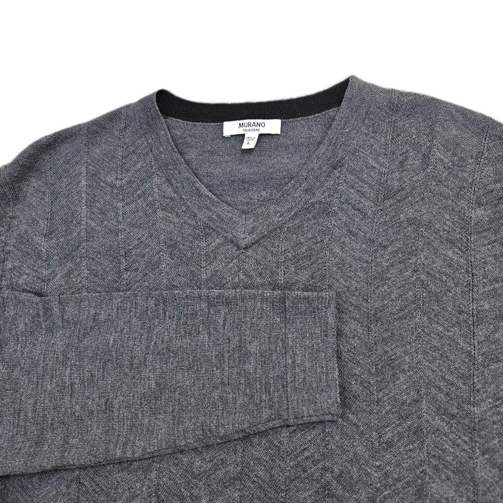 Murano Sweater Merino Wool V Neck Herringbone Gray Lightweight Mens L Office